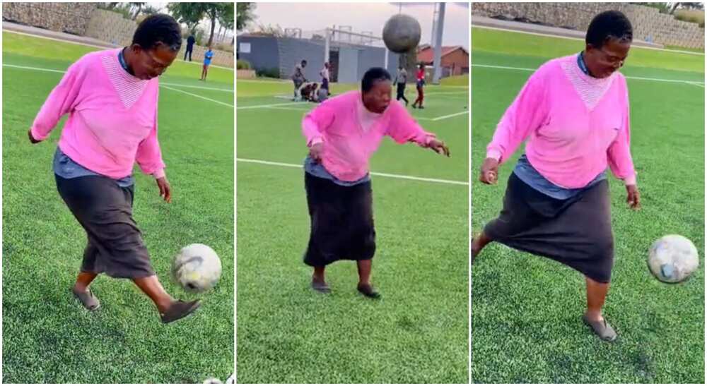 Photos of an old woman playing football.