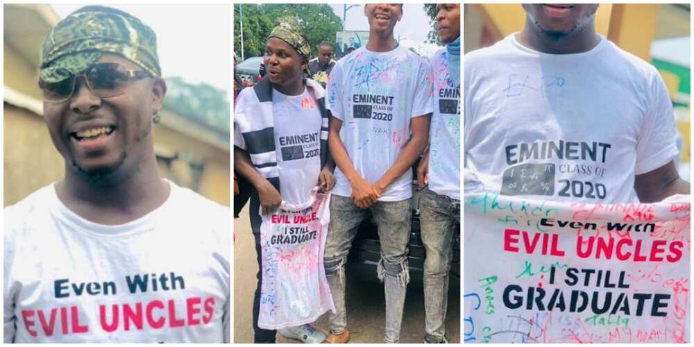 Man mocks his evil uncles with inscription on white polo as he graduates from school