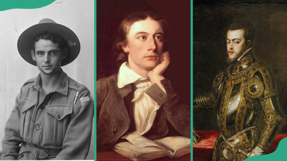 A soldier of Barrack Street (L), English poet John Keats (C), King of Spain, Philip II (R)