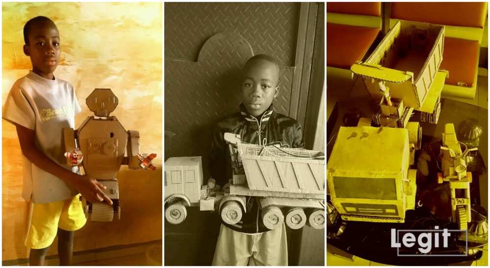 Photos of a Nigerian boy called Engineer Olewunne Praise who builds machines with carton.
