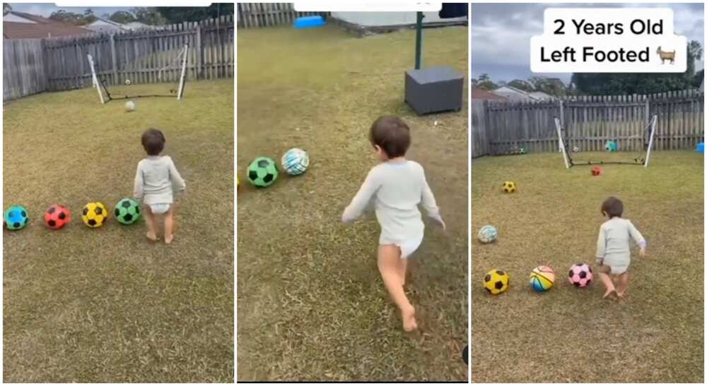 Photos of a skilled little boy scoring goal in football pitch.