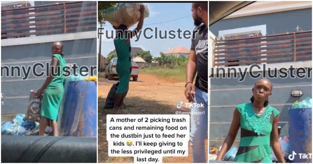 Single mum of two, Delta state, trash cans and remaining food, feed her kids