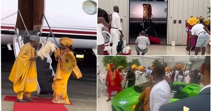 Nigerian couple, grand wedding entrance, Private jet, lamborghini