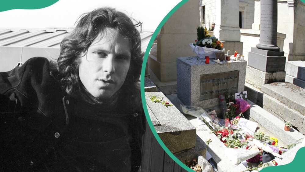 Jim Morrison posing outside (L) and his tomb at the Pere Lachaise cemetery in Paris (R)