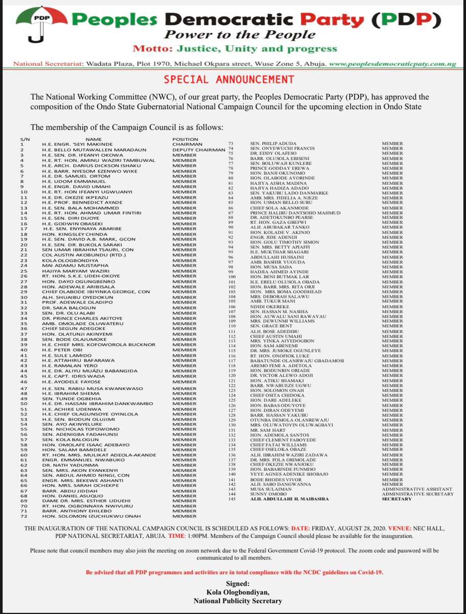 Sunaye: Jam'iyyar PDP ta ware kwamiti ta mutum 145 da zasu yi yakin neman zaben gwamnan jihar Ondo Sunaye: Jam'iyyar PDP ta ware kwamiti ta mutum 145 da zasu yi yakin neman zaben gwamnan jihar Ondo
