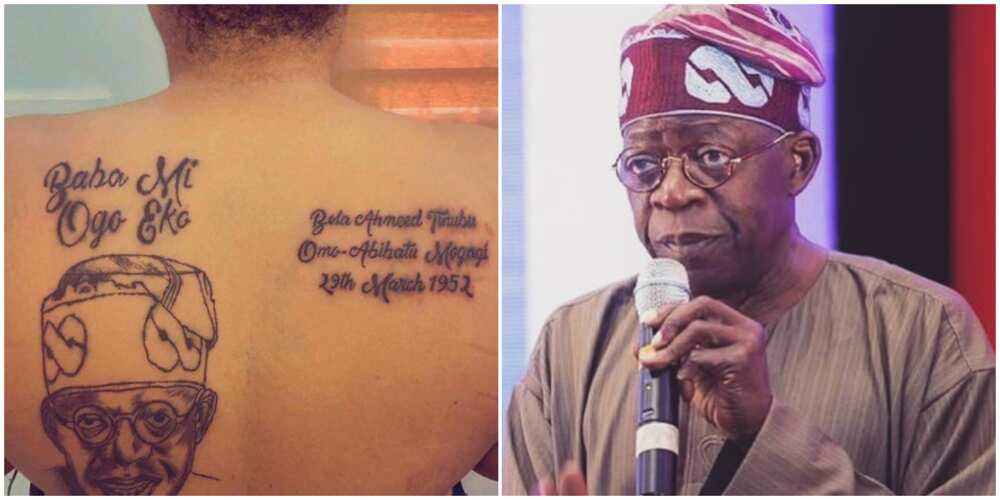 Lady massively snubs Nigerian celebrities, tattoos Bola Tinubu's face, name and date of birth on her back