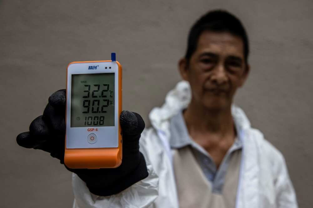 Pest control worker Wah shows the temperature recorded inside the protective full-body suit his job requires