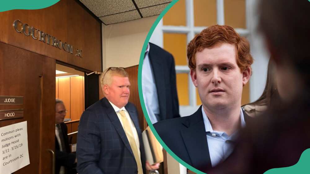 Buster leaves a hearing in a personal injury lawsuit at the Richland County Courthouse (L) and Buster during his father's murder trial (R).