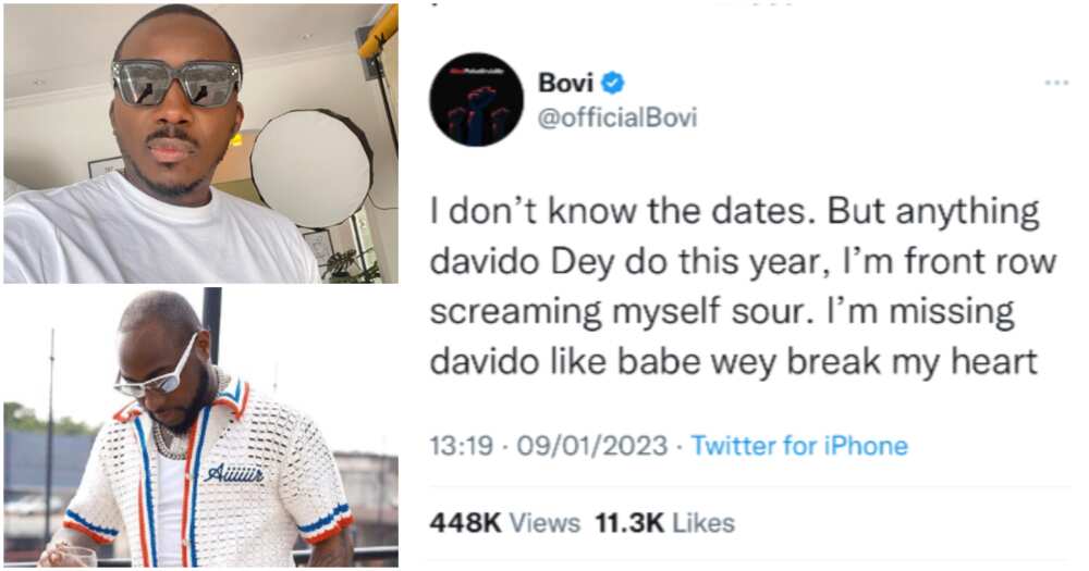 Bovi speaks on missing Davido.