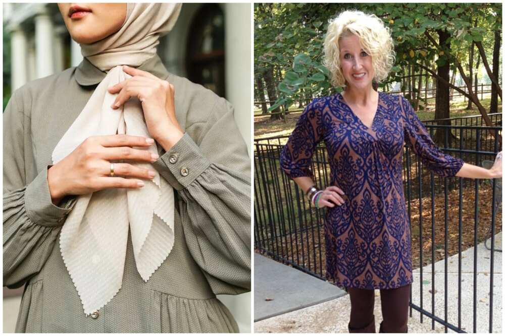 Two ladies showcasing different styles of damask tunic