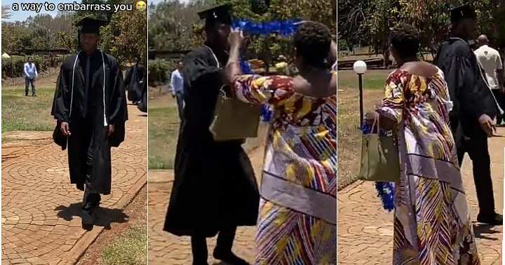 Boy walks out on mum on graduation day, floral ribbon