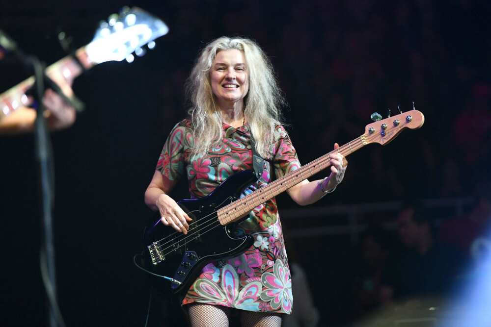 Bass player Annette Zilinskas of The Bangles performing onstage