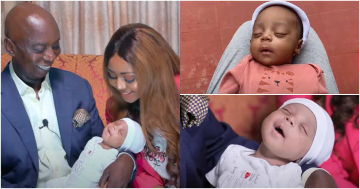 Check out this sweet video of Regina Daniels' baby Munir smiling as he sleeps peacefully