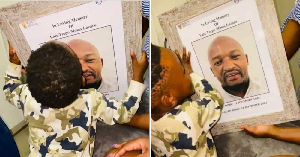 boy kissing memorial photo of dad, late dad, little boy mourns dad