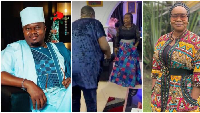 Reactions as actor Muyiwa Ademola takes Bimbo Oshin by surprise, gifts her a birthday cake at her home
