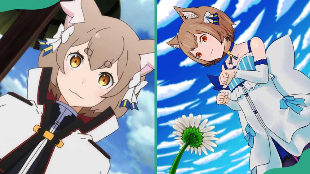 Felix Argyle wears a white outfit (L). The character reaching out towards a white flower (R)
