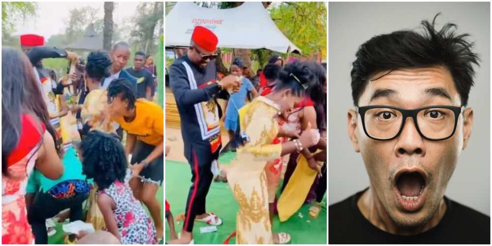 Drama as angry groom abandons bride, runs after people stealing money she was sprayed, video causes stir Drama as angry groom abandons bride, runs after people stealing money she was sprayed, video causes stir