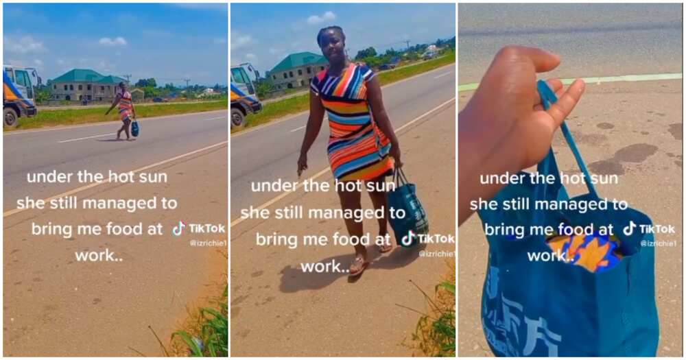 Lady delivers food to lover, scorching sun, hot sun