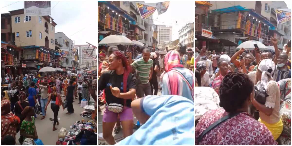 In video: Moment traders, customers, passersby among others sing, dance on the streets of Balogun market in Lagos