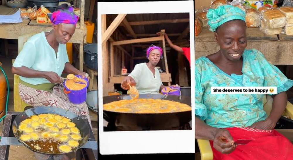 Photos of a woman frying akara.
