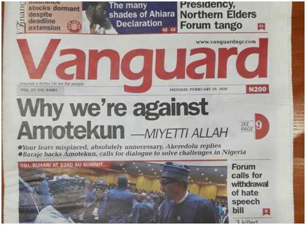 Nigerian newspapers review for February 10: Amotekun is indigenous - Miyetti Allah