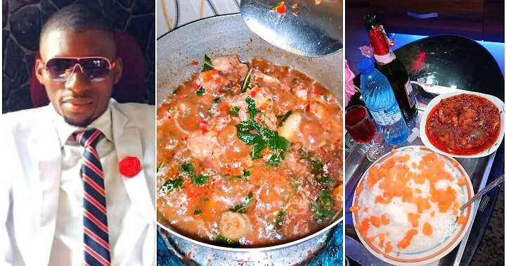 Man shows off food he cooked, assorted dishes, woman