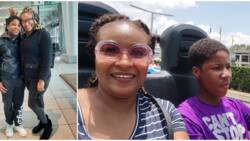 Actress Doris Simeon's son David takes her on a car cruise in Disneyland during their summer vacation