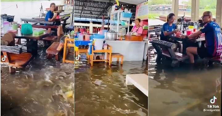 Customers eat in flooded restaurant, flood