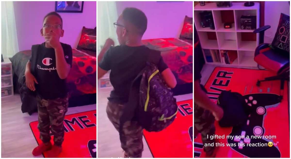 Boy in army-coloured trouser jumps up in video, celebrates as mum presents him with a furnished room