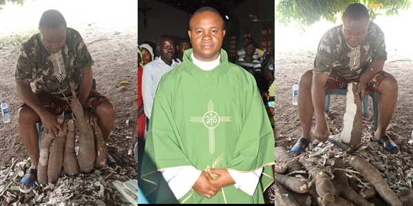 Father Austine Afehe, a priest in the Catholic Diocese of Gboko, Benue State is celebrating his huge harvest