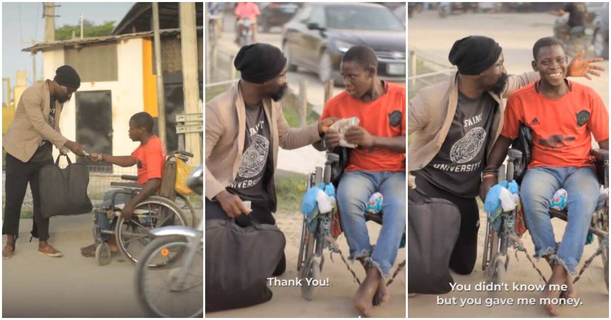 Video shows sweet moment beggar in wheelchair was surprised with N100k by Nigerian man he had helped with N100