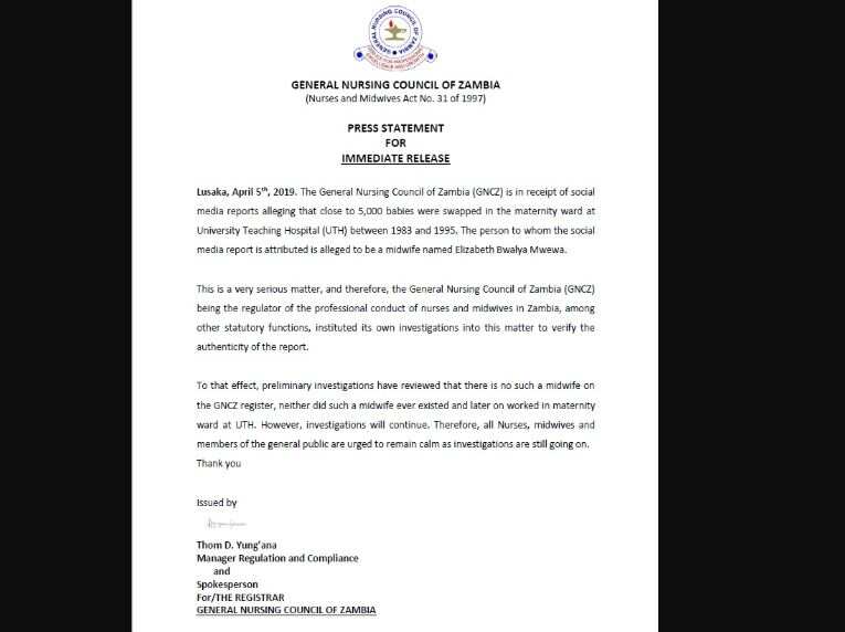 A screenshot of the General Nursing Council of Zambia press release obtained by independent fact-checkers on April 8