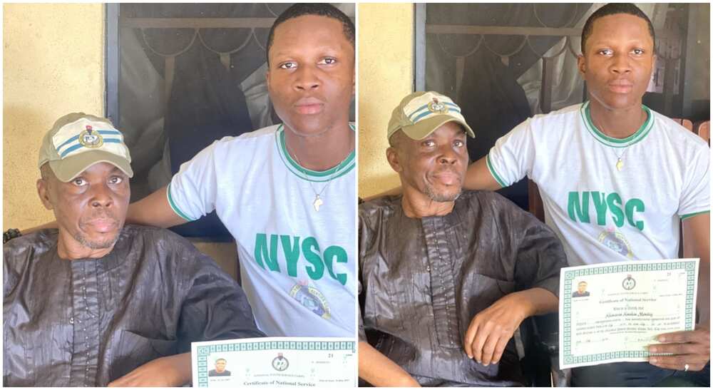Photos of Aniekan in NYSC uniform and his father. Photos of Aniekan in NYSC uniform and his father.