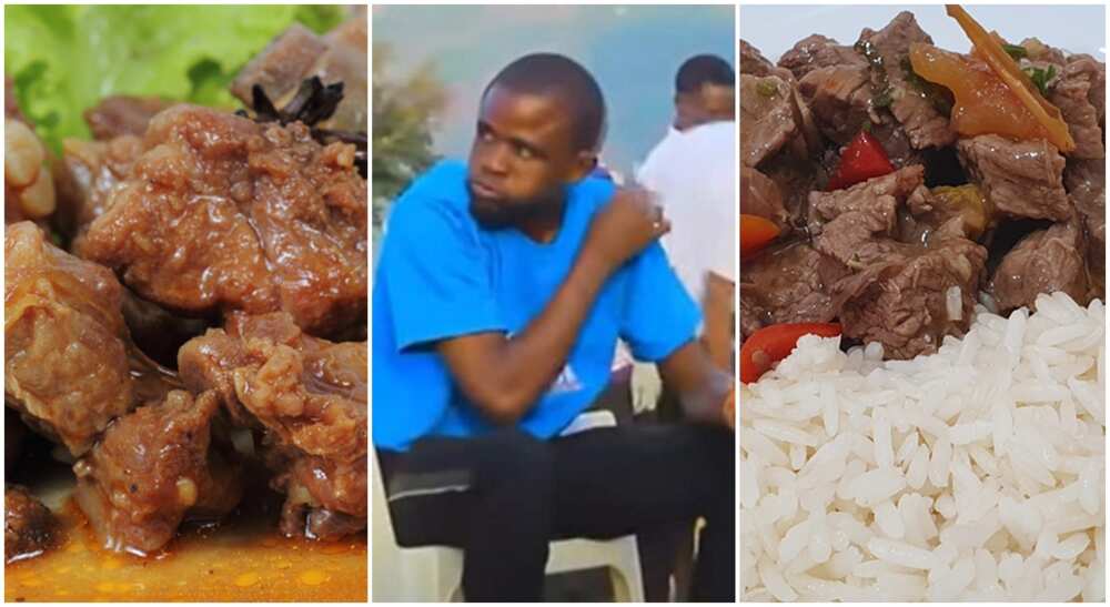 Photos of cooked goat meat, Msosi Saidi and cooked rice.