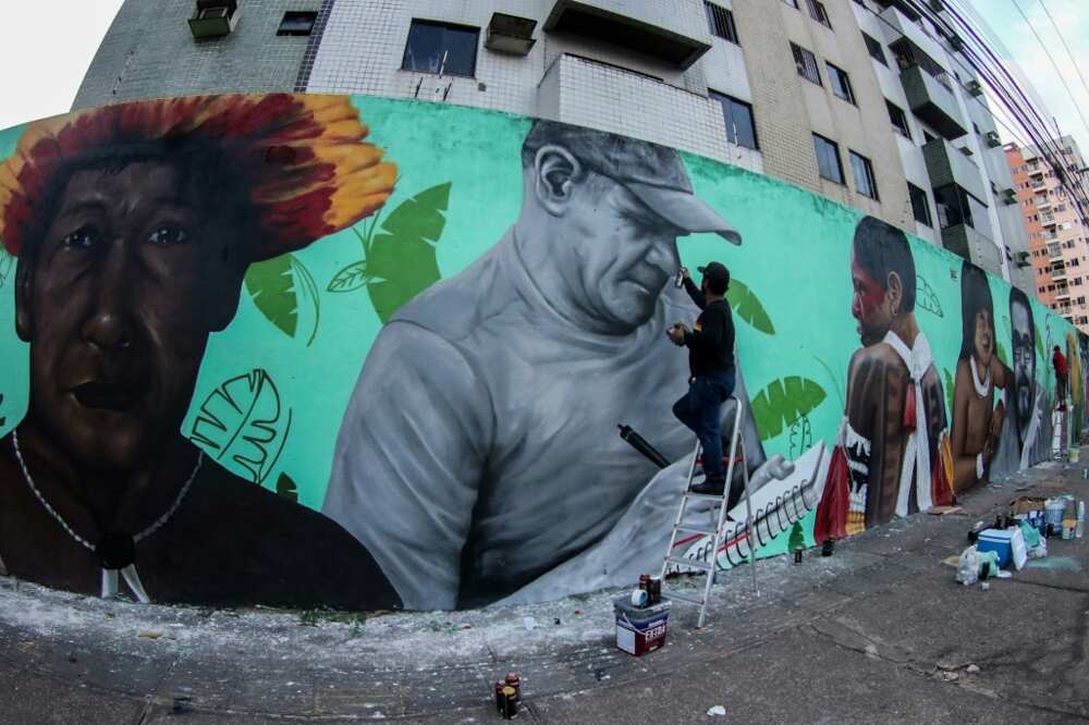 A mural in homage to murdered British journalist Dom Phillips and Brazilian indigenous affairs expert Bruno Pereira, in Belem, Para State, Brazil, in July  2022