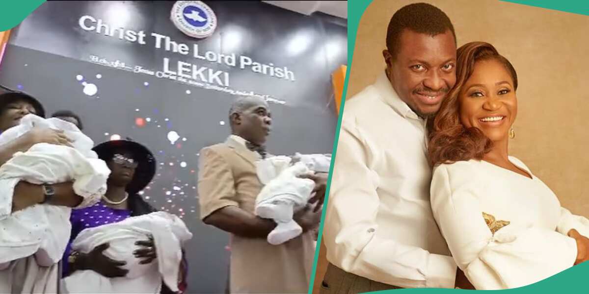 See adorable videos as Ali Baba and wife finally dedicate their triplets in church
