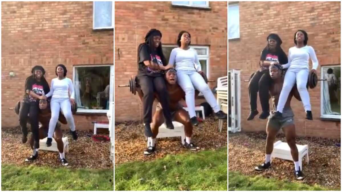 Young man carries 2 sisters on top very heavy weight bar, they dance on his shoulder, video goes viral