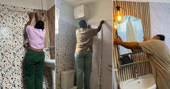 Lady replaces bathroom tiles with wallpaper