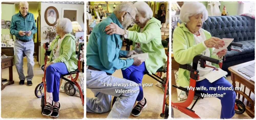 A lovely old man who loves his wife so much went down before his wife and gave her candy on Valentines day