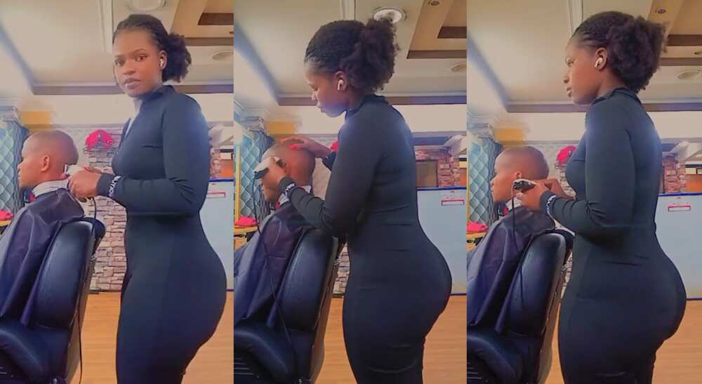 Photos of a female barber attending to a customer in her shop. Photos of a female barber attending to a customer in her shop.