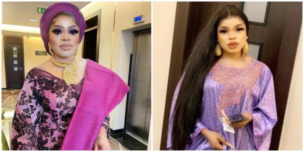 Bobrisky in lilac aseoke and lilac dress.