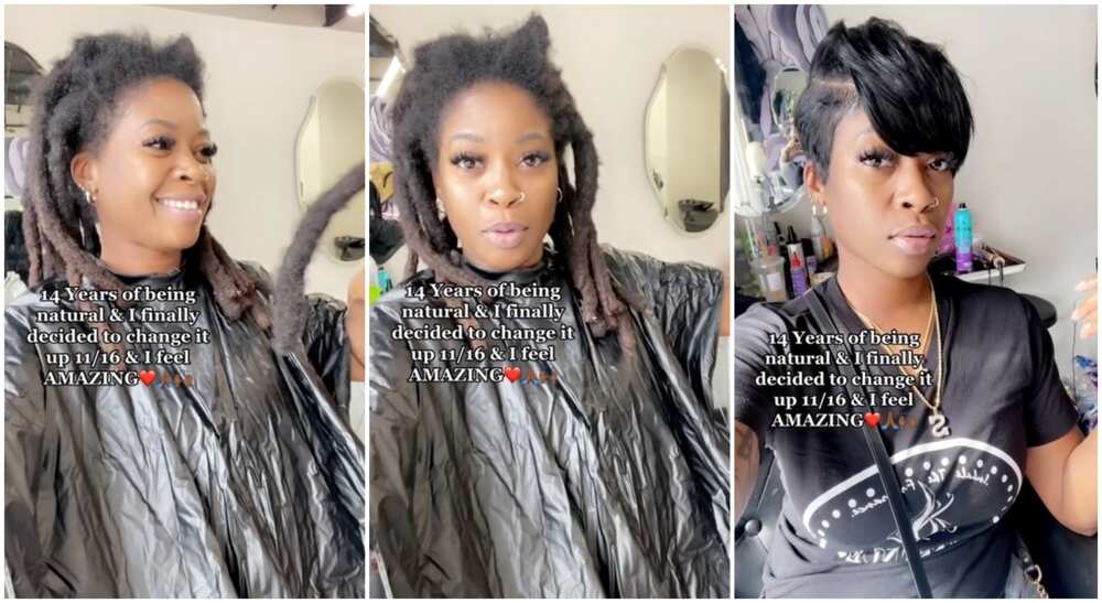Photos of pretty black lady cutting her long natural hair.