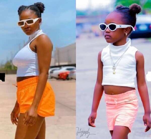 A photo collage of a little girl and Simi in similar outfits.