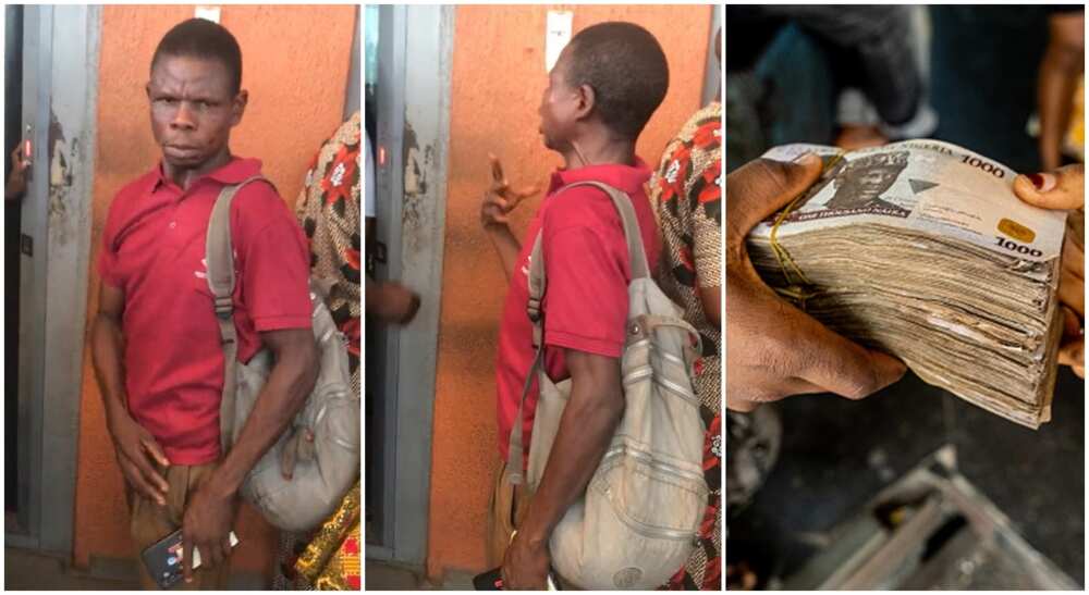 Photos of a man angry at commercial bank over Naira notes.