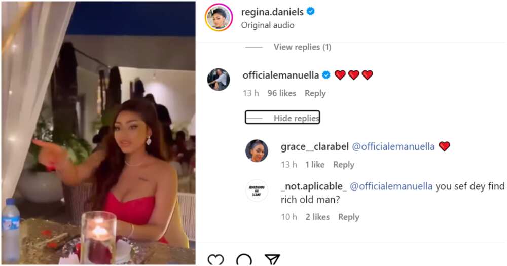 Screenshot of Emmanuella's comment on Regina Daniels' wedding anniversary video
