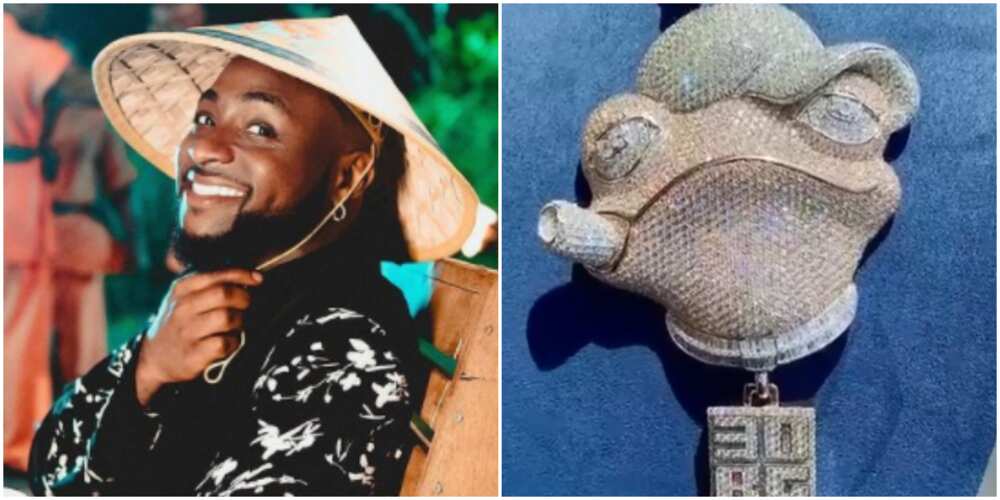 Compete with Davido at your own risk: Nigerians react as singer flaunts heavily studded frog-styled pendant