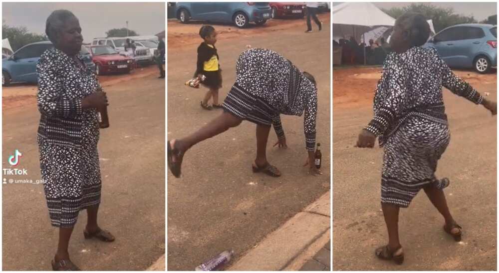 Photo showing an old woman in dance posture.