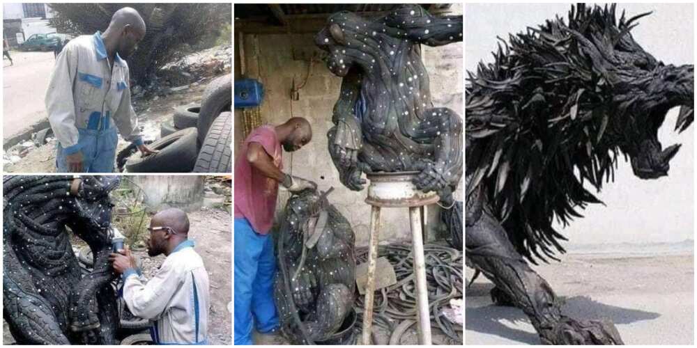 Young man makes big sculptures of lion, gorilla using car tyres, photos spark huge reactions