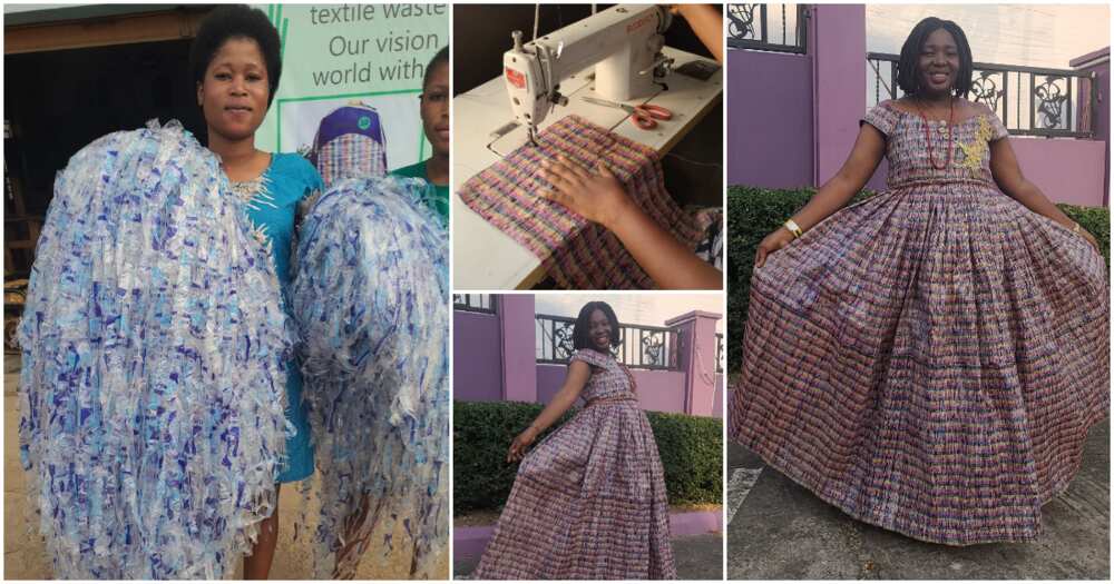 Sachet water wastes, dress, Nigerian lady, over 5k sachet water nylons