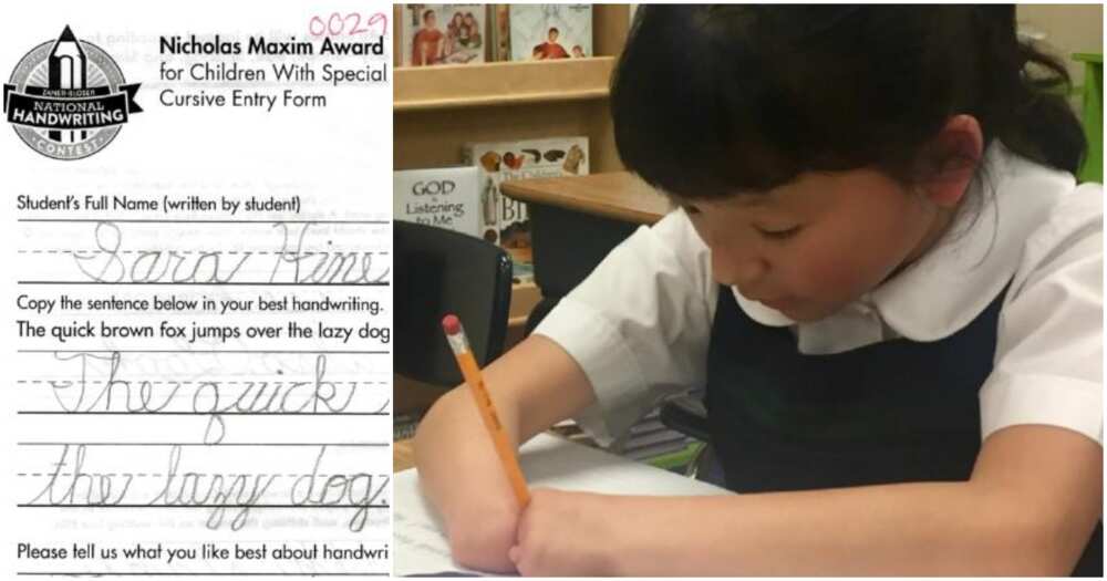 10-year-old girl born without hands wins national handwriting competition in US (photos)